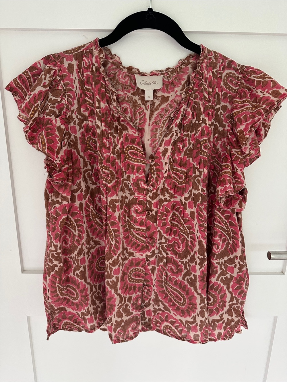 Cleobella Pink and Brown Paisley Ruffle Sleeve Top Small